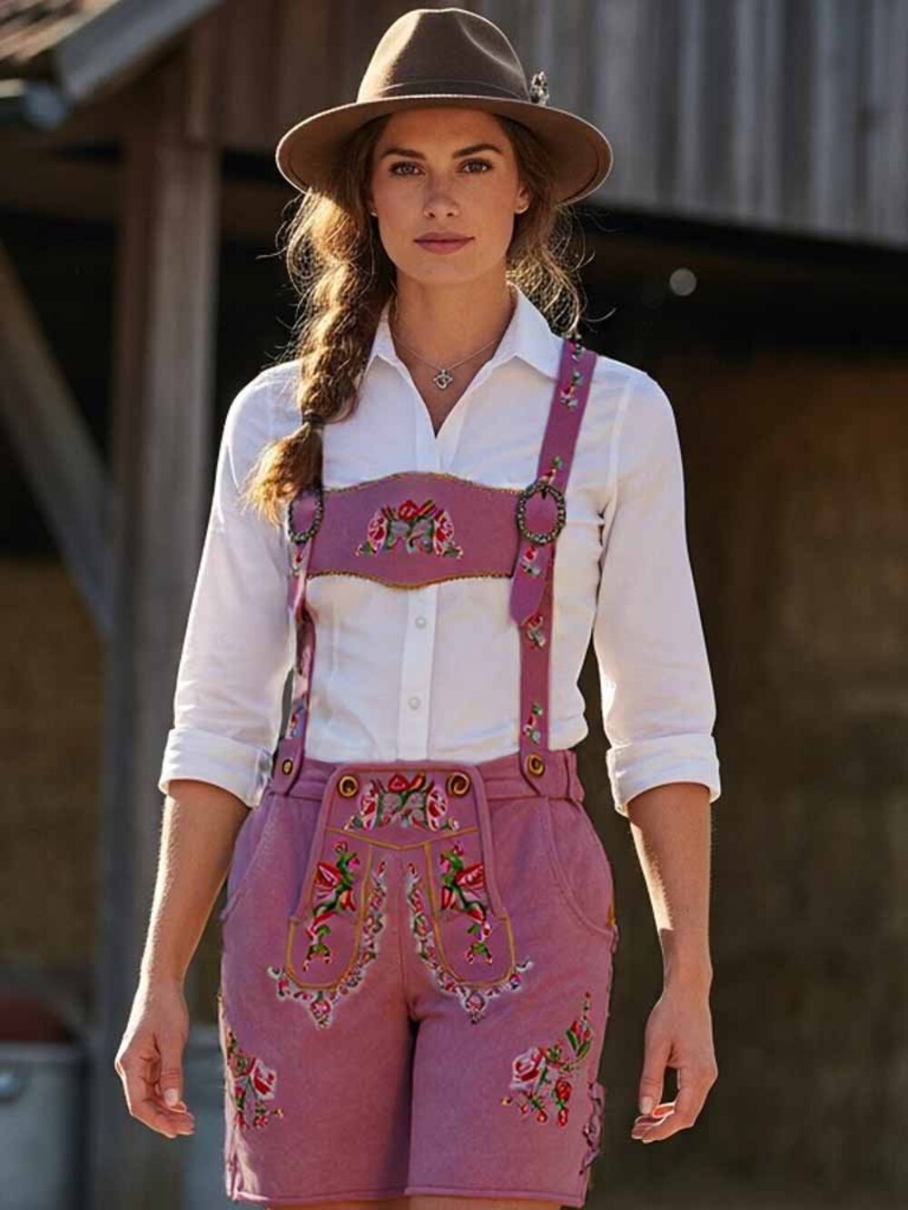 Oktoberfest Women Lederhosen Rose Pink Bavarian Leather Suede Lederhosen  NEW